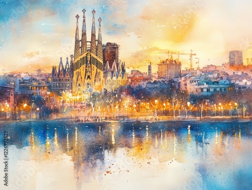 Watercolor artwork of Barcelona with Sagrada Familia