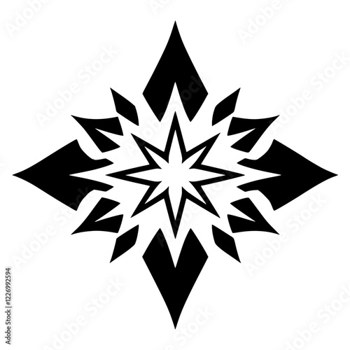 Geometric Star Mandala: Black and White Abstract Pattern Design. Perfect for branding, tattoos, and digital art projects. Simple, elegant, and modern style.