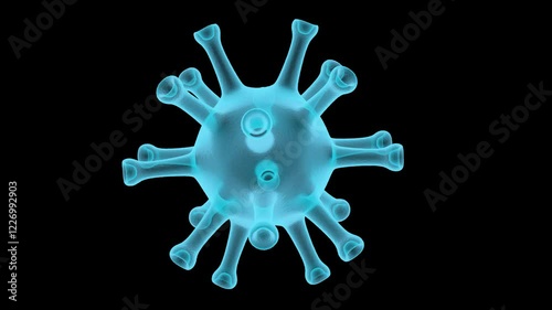 Highly detailed 3D animation of a virus model rotating on a black background. Suitable for medical, scientific, and research-related content. Includes Alpha Channel. 