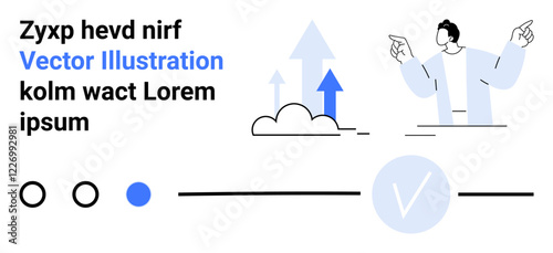 Figure gesturing towards arrows rising through clouds, signifying growth. Three circles and a checkmark amid engaging elements. Ideal for corporate presentations, growth strategies, financial