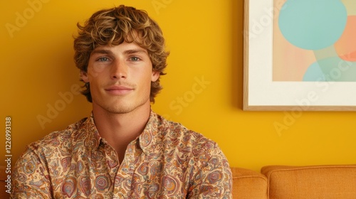 Hairstyle cut vintage concept. Retro Inspired Man With Shag Haircut Against Contemporary Backdrop