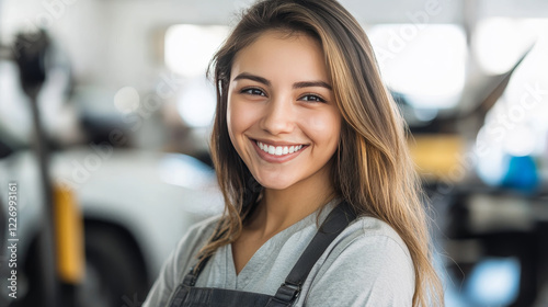 Car service and vehicle repair garage station poster. Vector mechanic car lift, tow truck and wheel tire, washing station and taxi, GPS navigator or car alarm and oil canister or accumulator battery photo