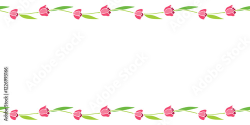 Vector frame from red tulips. Spring flowers in flat style. Horizontal top and bottom edging, border, decoration for greeting card, invitation, Valentines, Womens or Mother day