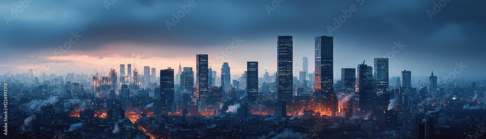 Obraz premium city skyline with mix of modern skyscrapers and pollution, showcasing dramatic atmosphere with smoke and moody sky