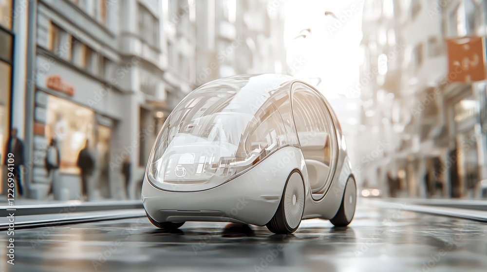 A futuristic, compact vehicle with a transparent design is showcased on a bustling urban street, emphasizing modern transportation and innovation. A futuristic, compact vehicle with a transparent design is showcased on a bustling urban street, emphasizing modern transportation and innovation.