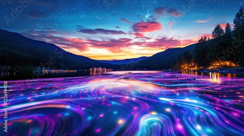 Magical lake sunset, glowing water, mountain vista, night sky