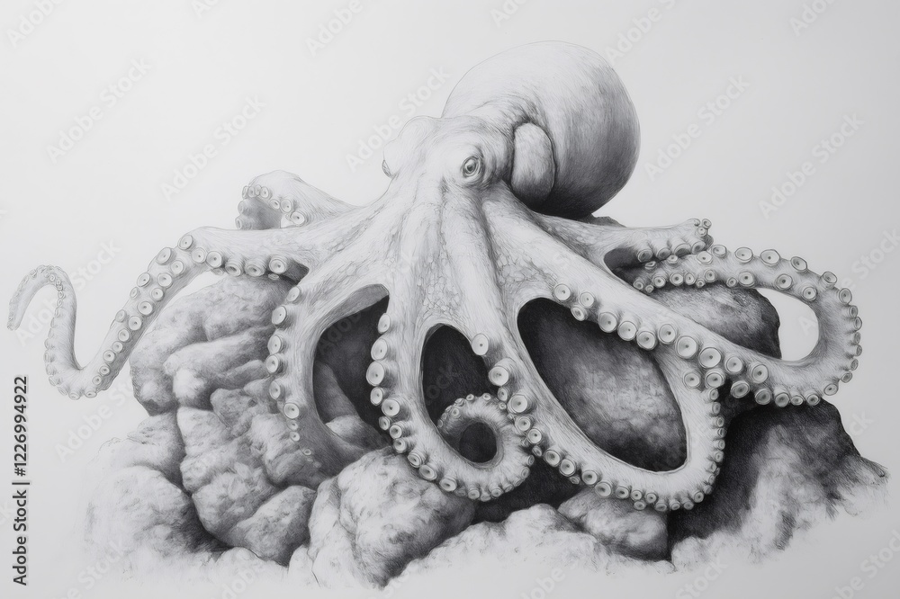 Obraz premium Realistic graphite drawing of an octopus with detailed tentacles resting on rocks, showcasing the beauty and intricacy of marine life