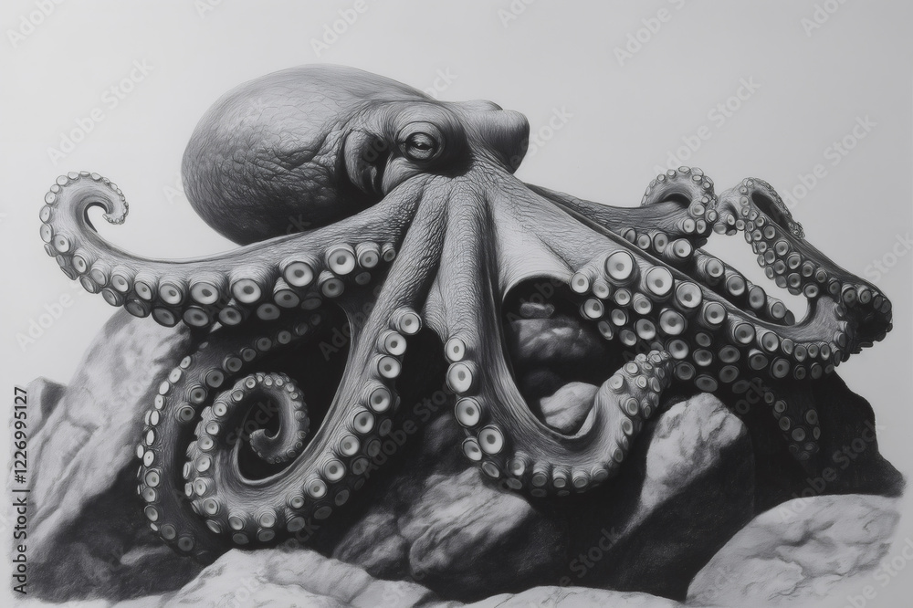 Obraz premium Detailed graphite drawing captures an octopus resting on rocks, its tentacles curled and suckers visible, showcasing the cephalopod's unique texture and form