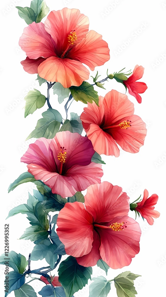 Obraz premium Vibrant hibiscus flowers bloom amidst lush green leaves in a delicate watercolor design