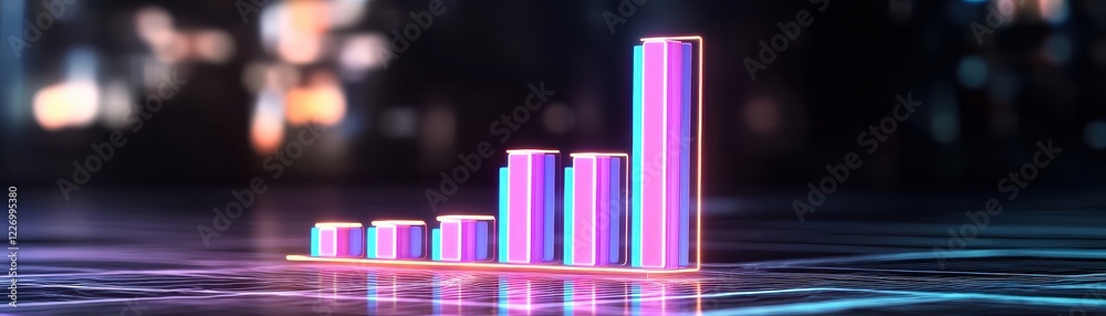 Fototapeta premium Neon business growth chart. Abstract neon bar graph representing data growth on a digital background.