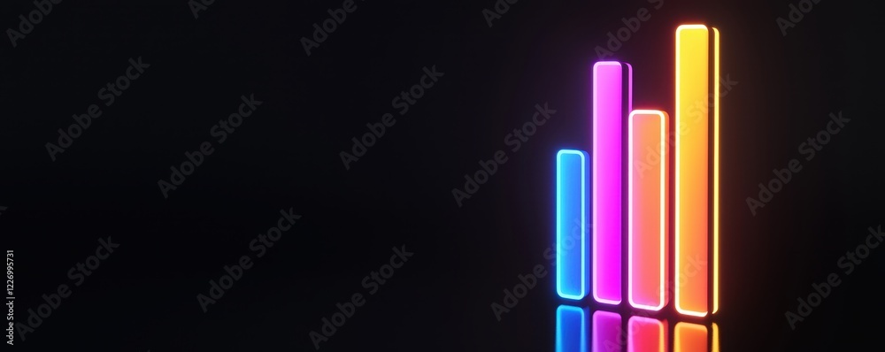 Obraz premium Neon business growth chart. Colorful neon bars on a dark background create a vibrant visual effect.