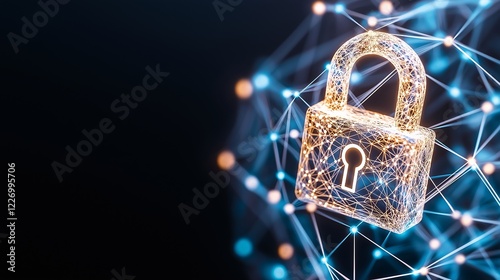 A futuristic glowing digital lock symbolizing cybersecurity and data protection. The intricate network of connected nodes and lines represents encrypted security systems and online safety