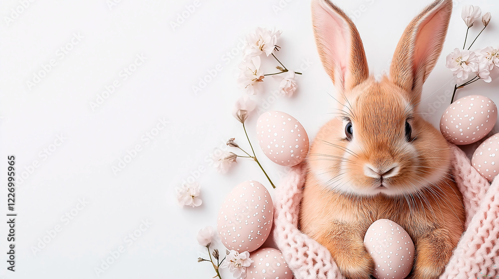 Obraz premium Easter party concept. Composition of easter bunny and eggs on pastel background with copyspace template for greetein card