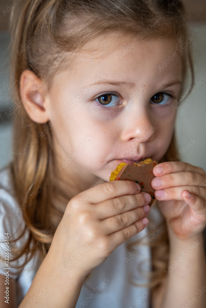 Little girl eating Dubai chocolate with pistachio paste and kataifi dough. Confectionery handmade sweets at home in the kitchen. Little girl eating Dubai chocolate with pistachio paste and kataifi dough. Confectionery handmade sweets at home in the kitchen.