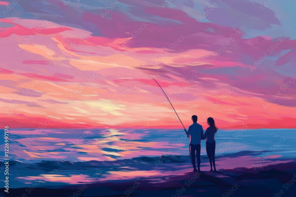 Couple holding hands and fishing together on the beach during a colorful pastel hued sunset over the ocean Couple holding hands and fishing together on the beach during a colorful pastel hued sunset over the ocean
