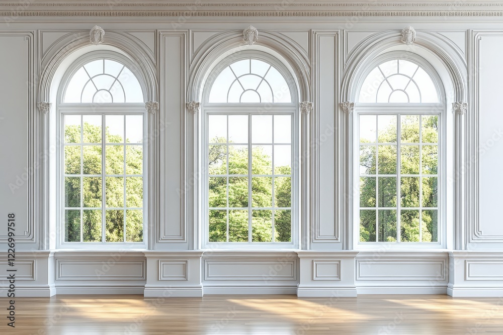 Fototapeta premium Elegant interior with large arched windows showcasing a lush green view in a bright and spacious room