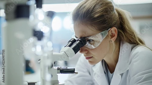 Scientist working with microscope in laboratory montage