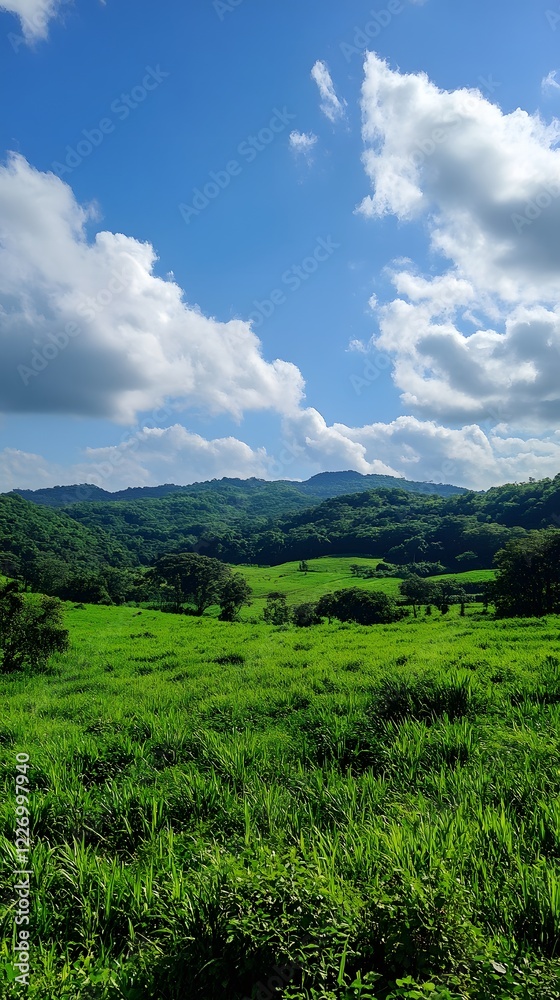 Obraz premium A lush green field under a blue sky with only the grass and a few clouds