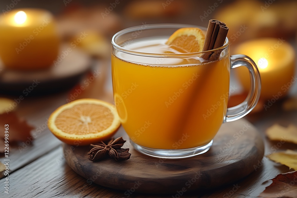 Warm spiced orange beverage in glass mug. Warm spiced orange beverage in glass mug.