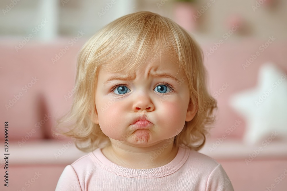 Young child makes a funny face while sitting indoors with pink decor and soft lighting Young child makes a funny face while sitting indoors with pink decor and soft lighting