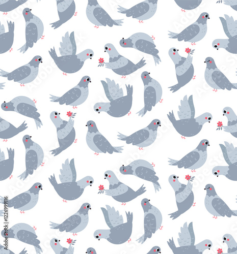 Flat-style seamless pattern with adorable pigeons holding flowers and interacting. Perfect for Valentine's Day designs, romantic stationery, fabric prints, and greeting cards.