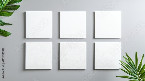 White wall featuring four square paintings and six textured paper sheets arranged in a grid pattern