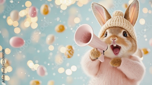 A charming and playful Easter bunny wearing a cozy knitted hat, holding a megaphone while surrounded by floating pastel Easter eggs