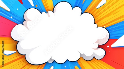 Speech bubble with colorful rays and cloud on abstract halftone comic background design