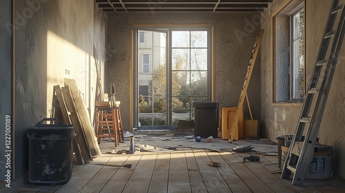An interior of a house under renovation, with exposed drywall and tools on the floor. picture