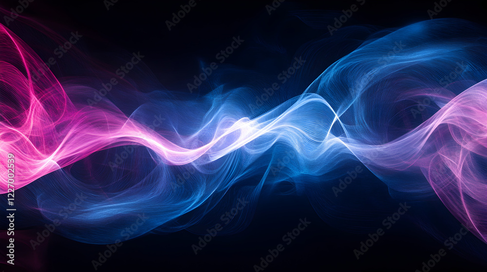 Fototapeta premium digital wave pattern with flowing lines of light resembling an AI-powered algorithm, featuring deep blue and electric pink hues, creating a sense of movement and innovation 