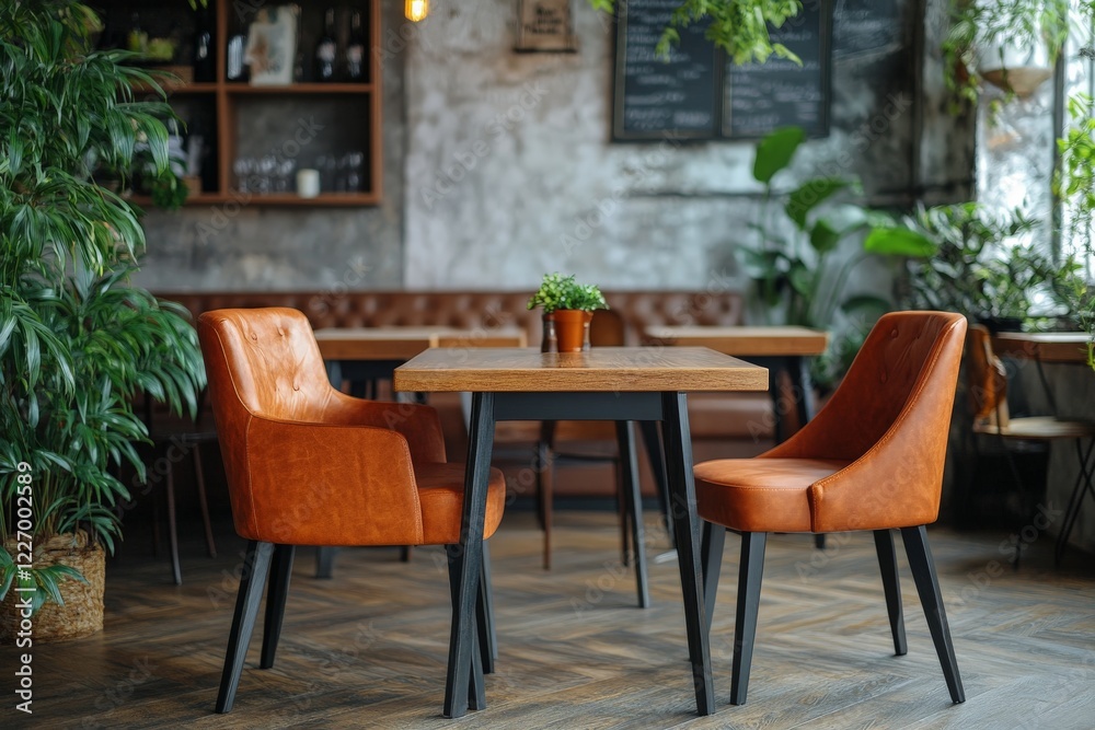 Cozy cafe interior featuring orange chairs and wooden tables amidst greenery in a rustic setting Cozy cafe interior featuring orange chairs and wooden tables amidst greenery in a rustic setting