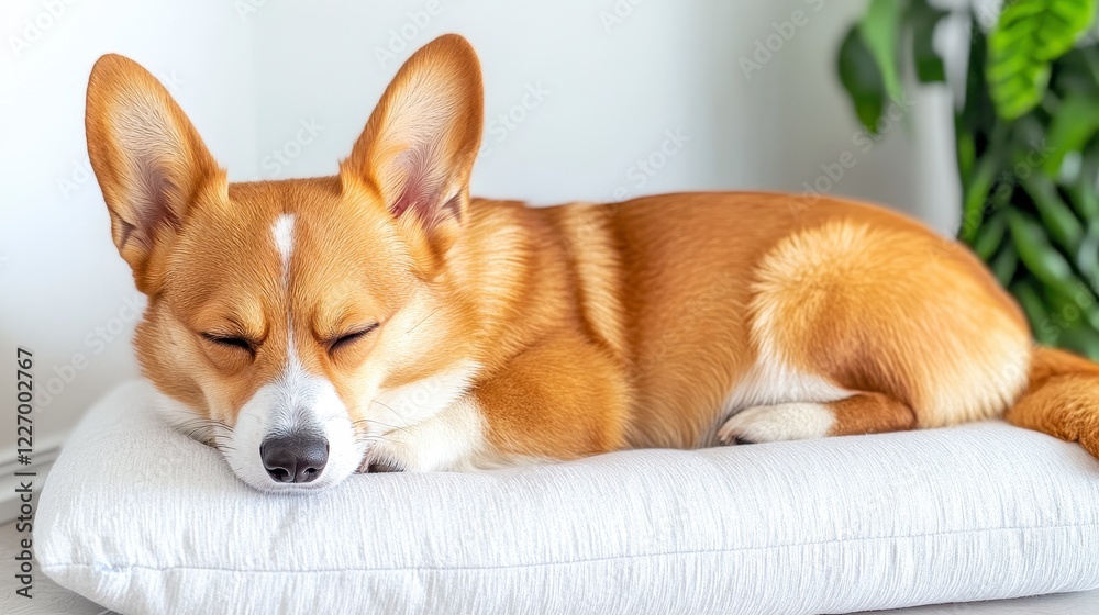 Sleepy Corgi Relaxing on Comfortable Cushion in Bright Room Sleepy Corgi Relaxing on Comfortable Cushion in Bright Room
