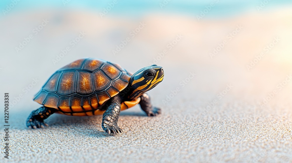 Tiny Turtle Moving on Sandy Beach Under Soft Sunlight Tiny Turtle Moving on Sandy Beach Under Soft Sunlight