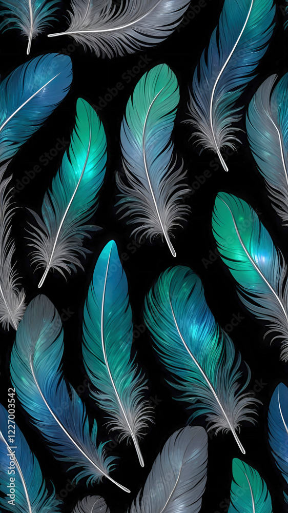 Fototapeta premium A cluster of glowing, detailed feathers with an iridescent sheen in shades of silver, emerald, and sapphire, softly glowing against a black background