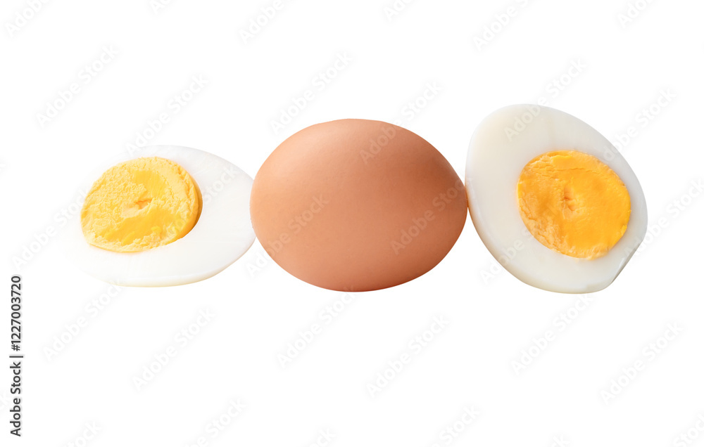 Side view of raw chicken egg and peeled cooked or boiled egg with egg yolk in two halves in stack isolated with clipping path in png file format Side view of raw chicken egg and peeled cooked or boiled egg with egg yolk in two halves in stack isolated with clipping path in png file format