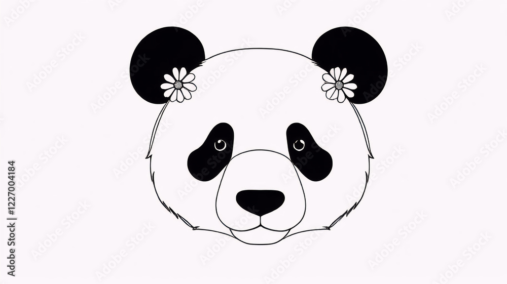 Fototapeta premium Simple style panda face with flowers, cute bear, funny animal