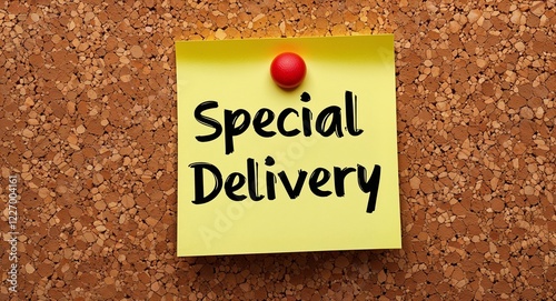 special delivery word written on a note sticky on corkboard