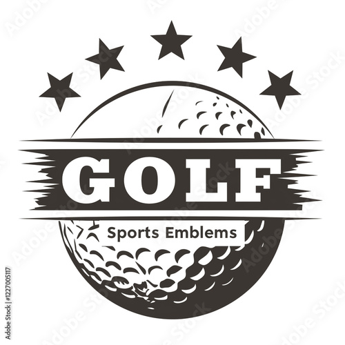 A graphic for a golf emblem depicts a golf ball, five stars, and text: 