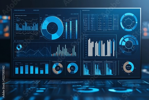 Data visualization dashboard displaying complex analytics and metrics in blue tones for business analysis or research