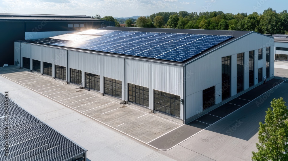 Obraz premium Solar panels on modern warehouse, sunny day, green background, sustainable energy