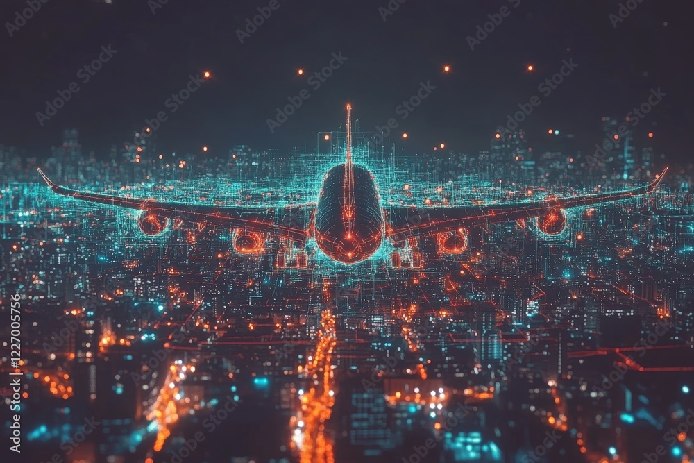Fototapeta premium Digital plane soaring over a vibrant city skyline with illuminated buildings at night