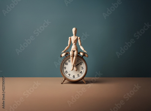 A wooden mannequin sits serenely atop a vintage alarm clock against a muted teal backdrop.  The image evokes themes of time, patience, and stillness. photo