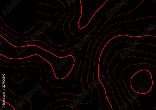 Abstract red contour lines on a black background. This vector illustration features smooth, flowing contour lines that create a modern and dynamic topographic design.