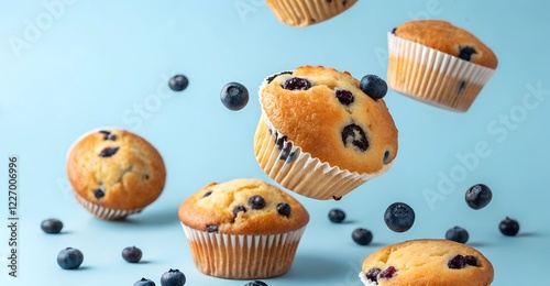 Golden, fluffy blueberry muffins appear to float with fresh blueberries around them. The composition captures the texture, plump berries, and soft crumb, evoking a sense of homemade warmth. photo