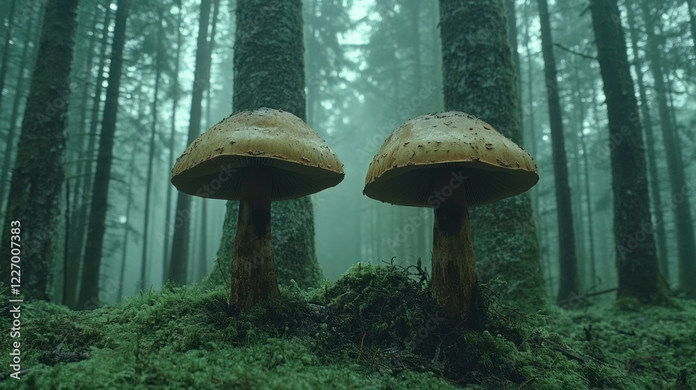 Fototapeta premium Twin mushrooms forest moss fog nature background