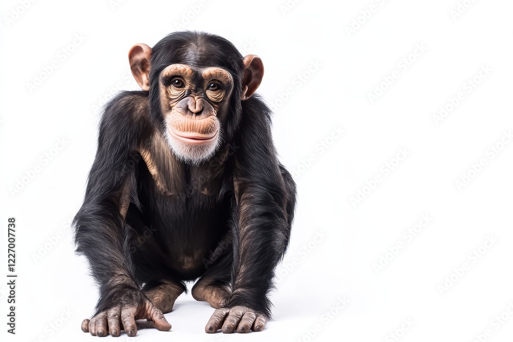 Naklejka premium Young chimpanzee sitting, looking at camera.