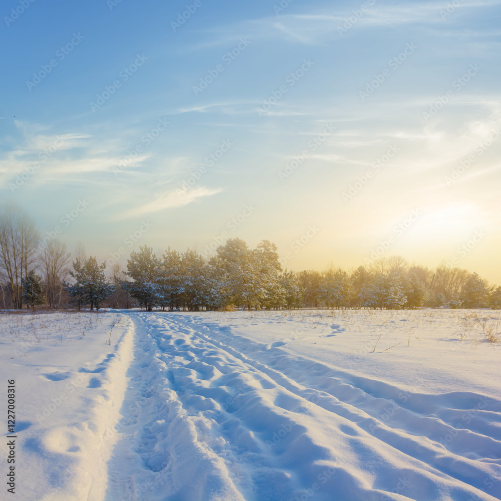 winter snowbound plain at the sunset, evening seasonal outdoor landscape