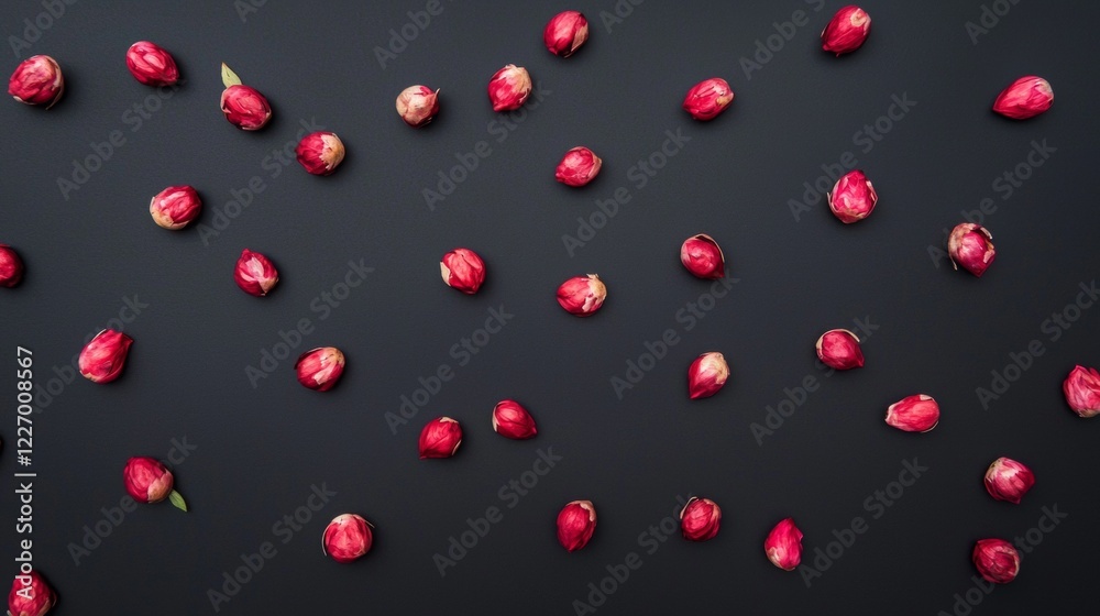Scattered red berries on a black textured surface Scattered red berries on a black textured surface