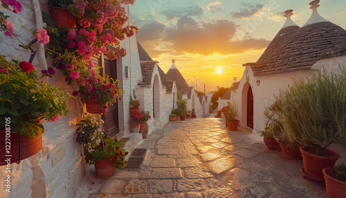 Vicolo tradizionale con trulli e vasi di fiori al tramonto ad Alberobello, Puglia, Italia