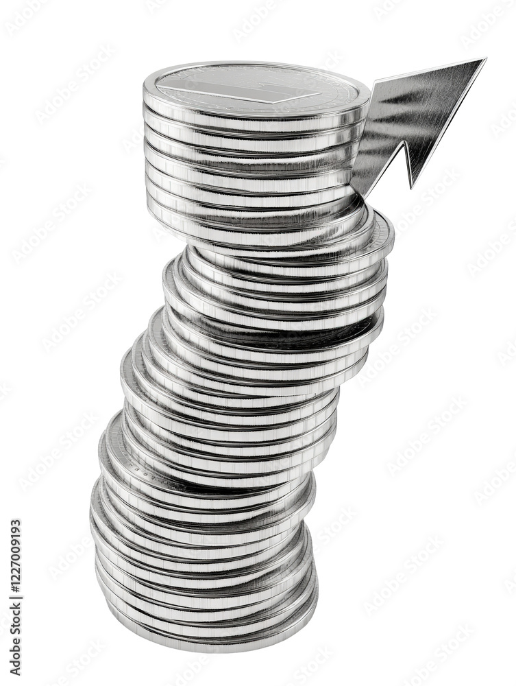 Isolated Stack of Coins with Curving Growth Arrow Isolated Stack of Coins with Curving Growth Arrow